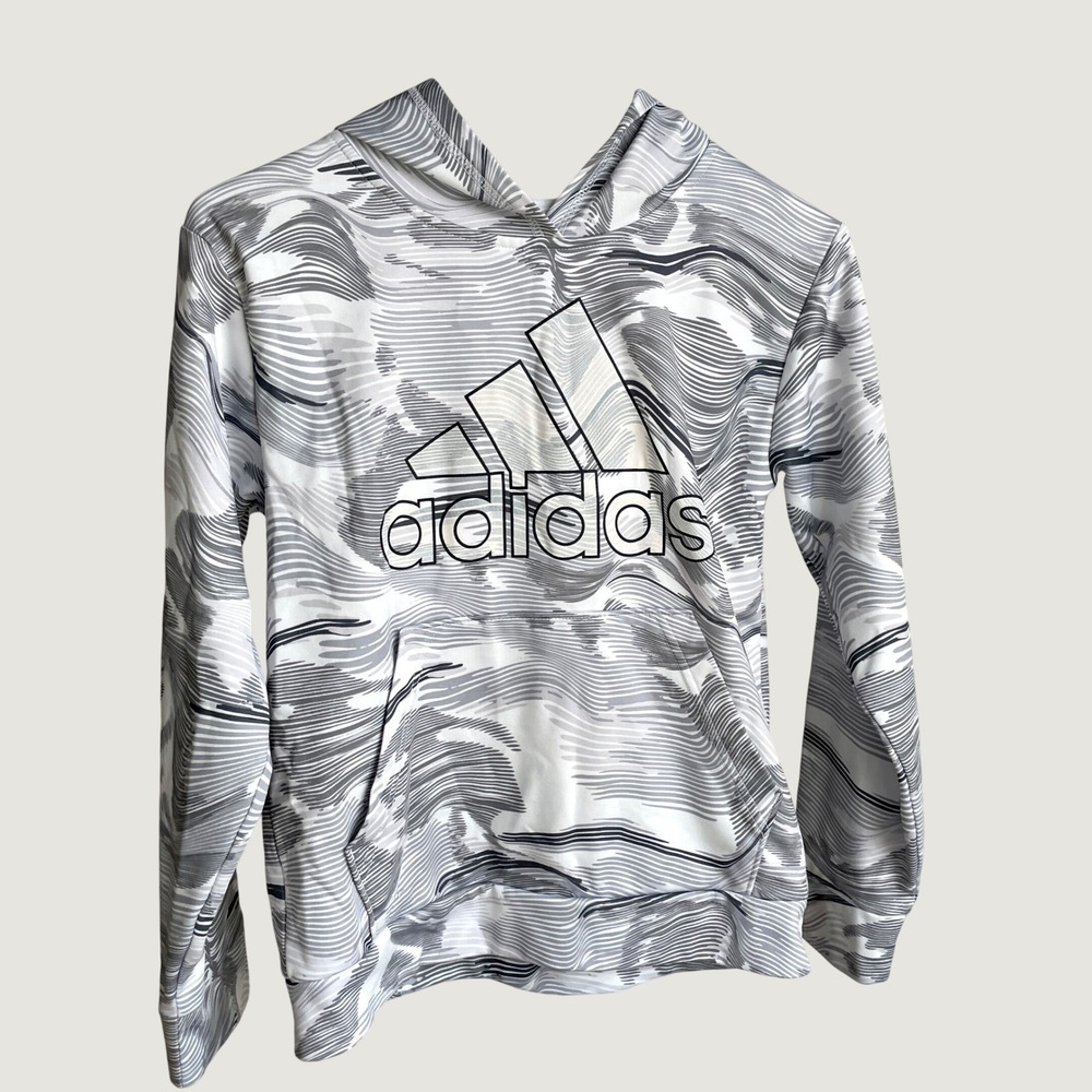 Adidas Boys Grey White Wavy Graphic Pullover Hoodie Sweatshirt Size M 10/12